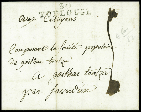 Lettre de Toulouse pour Gaillac (1793) avec au verso marque manuscrite "DEBce de Gaillac BP Gaillac Toulza", ind 19. TB
