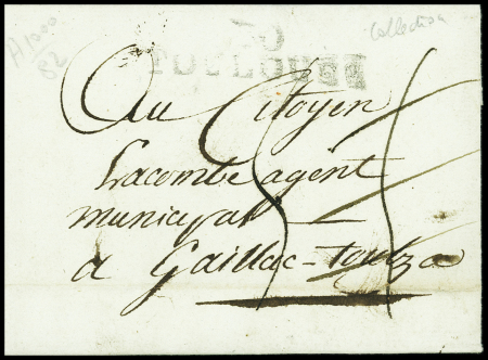 Lettre de Toulouse pour Gaillac avec au verso MP "DEB Gaillac" (An 8), ind 19. TB