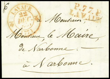 MP rouge "P 77 P Lavaur" + 12 rouge "Lavaur (77)" (22 dec 1830), ind 16 +, belle association. TB