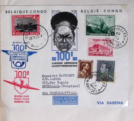 Belgique. 43 premiers vols 1938 - 1939 dont 2 Zeppelins vers l'Allemagne, dans un album souple brun ancien