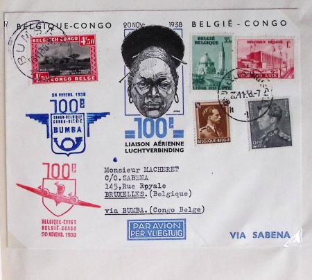 Belgique. 43 premiers vols 1938 - 1939 dont 2 Zeppelins vers l'Allemagne, dans un album souple brun ancien