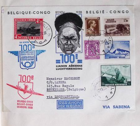 Belgique. 43 premiers vols 1938 - 1939 dont 2 Zeppelins vers l'Allemagne, dans un album souple brun ancien