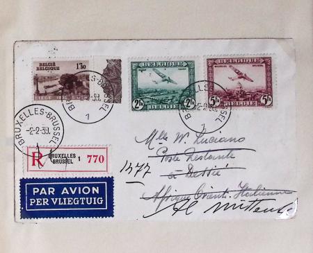Belgique. 43 premiers vols 1938 - 1939 dont 2 Zeppelins vers l'Allemagne, dans un album souple brun ancien