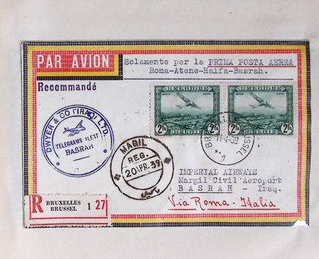 Belgique. 43 premiers vols 1938 - 1939 dont 2 Zeppelins vers l'Allemagne, dans un album souple brun ancien