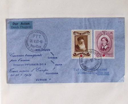 Belgique. 43 premiers vols 1938 - 1939 dont 2 Zeppelins vers l'Allemagne, dans un album souple brun ancien