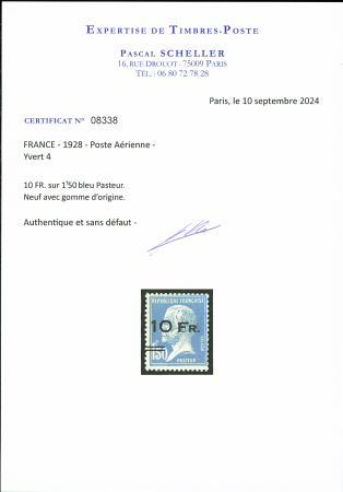 N°4 Pasteur 10F sur 1f50 bleu, neuf avec trace de charnière,