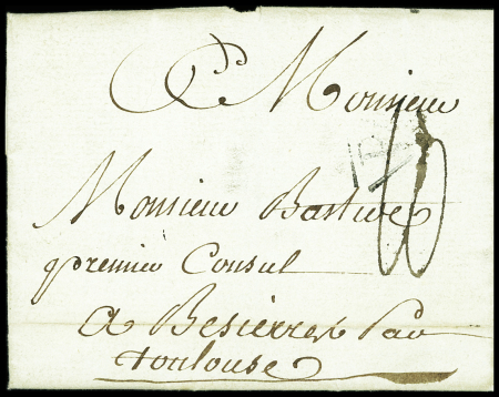 3 lettres avec marques manuscrites "Deb de Béziers" (L10 - 1782 - 1803 - 1804 - ind 15 chaque). TB