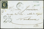 N°4 OBL grille + T15 Béziers (1850) + taxe 25 double trait. TB