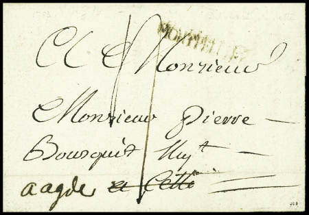 Lettre de Montpellier pour Cette réexpédiée à Agde avec au verso marque manuscrite "Deb de Cette" (L5 - 1783 - ind 18). TB