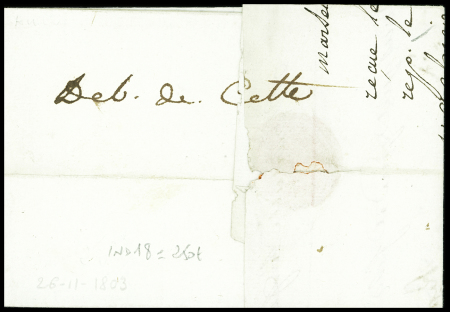Lettre de Marseille pour Cette réexpédiée à Agde avec au verso marque manuscrite "Deb de Cette" (ind 18 - 1803). TB