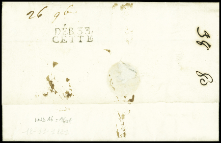 Lettre avec au verso MP "Deb 33 Cette" (1821 - ind 16). TB