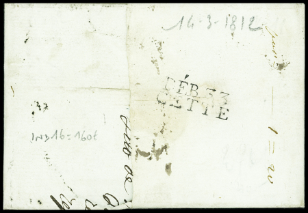 Lettre de Bordeaux pour Cette réexpédiée à Bordeaux avec au verso MP "Deb 33 Cette" (1812 - ind 16). TB