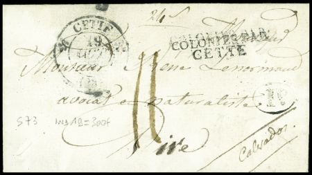 Lettre sans texte avec marque d'entrée "Colonies par Cette" + T12 Cette (1838) pour Vire (Calvados) Salles n°73, ind 19. TB