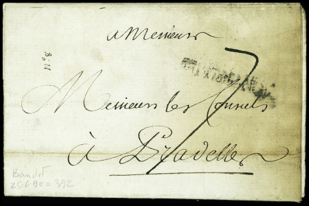Lettre avec au verso marque manuscrite "Deb de Gignac" (1787), non signalé. TB