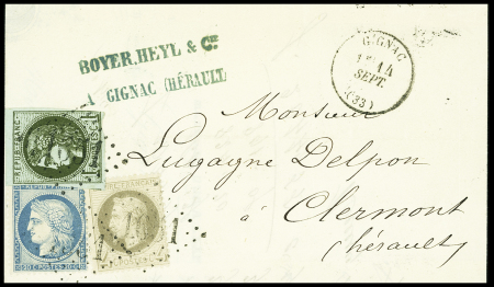 N°27 + 37 + 39 (au filet) OBL GC 1651 + T16 Gignac (14 sept 71) sur lettre. Affranchissement rare. TB