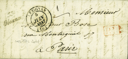 Lettre avec cursive "33 Olonzac" + 14 Lézignan (1847), ind 17. TB