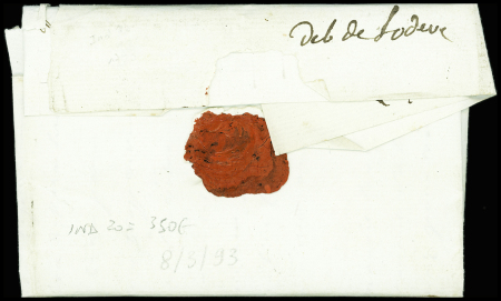 Lettre de Montpellier pour Toulouse (1793) avec au verso marque manuscrite "Deb de Lodeve", ind 20. TB