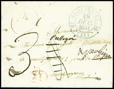 Lettre avec T12 bleu de St Affrique (1831) avec au verso MP "Deb 33 Lodève" + dateur A (1831), ind 19