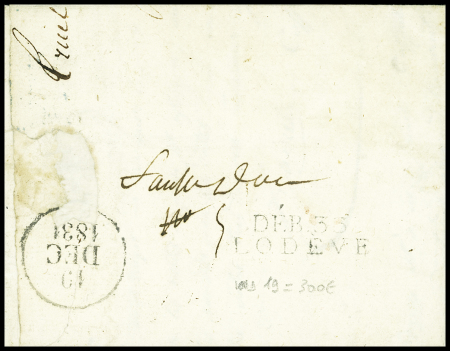 Lettre avec T12 bleu de St Affrique (1831) avec au verso MP "Deb 33 Lodève" + dateur A (1831), ind 19