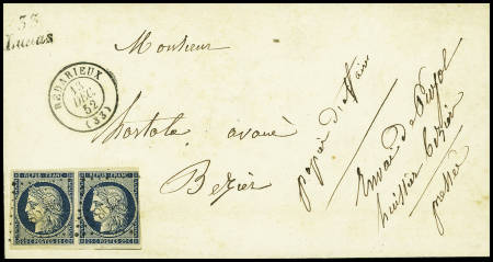 N°4 en paire (1 ex leg touché) OBL PC 1798 + cursive "33 Lunas" + T15 Bédarieux (1852) sur lettre avec mention manuscrite "papier d'affaires". TB
