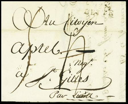 Lettre de Cette pour St Gilles (1792) avec au verso marque manuscrite "Deb de Lunel" (1792) L3, ind 19. TB