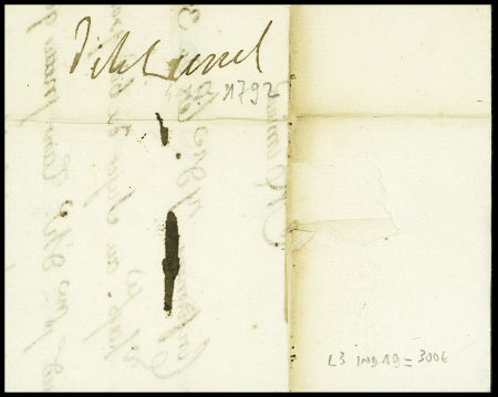 Lettre de Cette pour St Gilles (1792) avec au verso marque manuscrite "Deb de Lunel" (1792) L3, ind 19. TB