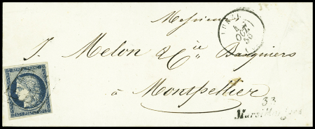 N°4 OBL grille + T15 Lunel (1850) + cursive "33 Marsillargues" sur lettre, ind 21. rare