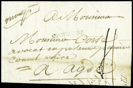Lettre de Montpellier pour Agde avec au verso marque manuscrite "Deb de Meze" (Ln°7 - 1779), ind 20. TB