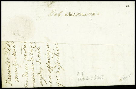 Lettre de Montpellier pour Agde avec au verso marque manuscrite "Deb de Meze" (Ln°7 - 1779), ind 20. TB