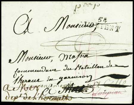 Lettre avec MP "54 Lorient" pour le commandant du bataillon de l'Hérault à Meze, réexpédiée à Cette, Loupian et Mer avec au verso MP partiellement manuscrite
