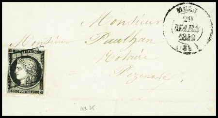 N°3 OBL grille + T14 "Mèze (33)" (1849) sur devant de lettre, ind 25. TB