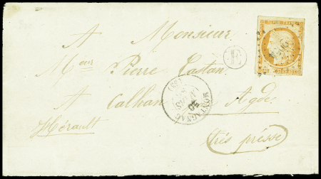 N°5 40c orange (pli d'archive) OBL PC 2054 + T15 "Montagnac" (1856) sur devant de lettre pour Agde avec boite rurale "E"