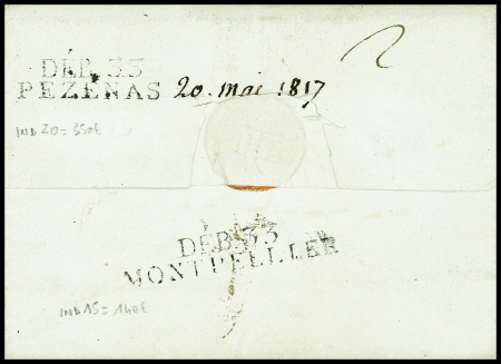 Lettre de Nice pour Agde avec au verso double déboursé "Deb 33 Pézenas" et "Deb 33 Montpellier" (1817 - ind 20 et ind 15). TB