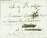 Lettre pour Béziers réexpédiée à Montpellier avec au verso MP "Deb de Montpellier" (L26 - ind 20). TB