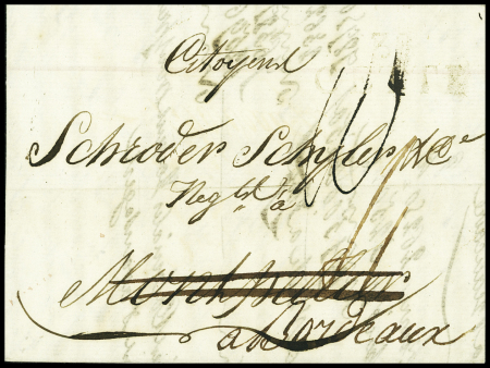 Lettre pour Montpellier réexpédiée à Bordeaux avec au verso MP "Deb Montpellier", ind 18 (1800). TB