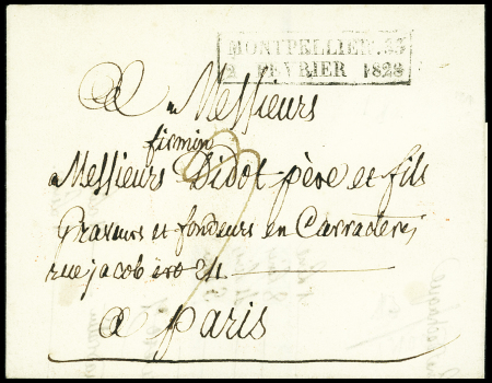 Cachet rect d'essai "Montpellier 33 2 fevrier 1833", ind 22. TB