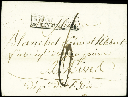 Cachet rect d'essai "Montpellier 33  23 février 1828" + taxe 6 manuscrite, ind 22
