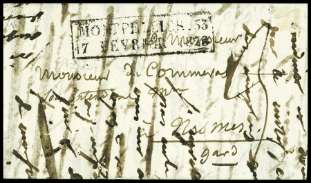 Cachet rect d'essai "Montpellier 33  17 février 1828" ind 22