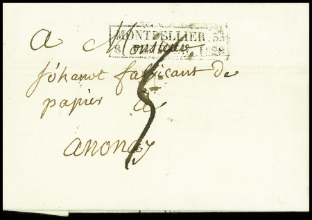 Cachet rect d'essai "Montpellier 33  8 février 1828" + taxe manuscrite 5, ind 22. TB