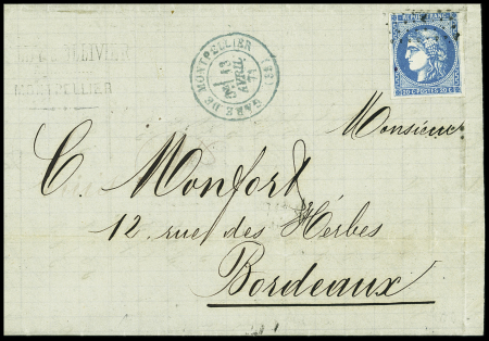 N°46 OBL GC noir + CAD bleu T17 "Gare de Montpellier (33)" (13 avril 71) sur lettre. TB
