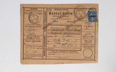 Bon lot de 86 plis ou devants de lettre avec timbres des cours d'instruction et timbres fictifs dont mandats-poste et mandats-cartes AFF Semeuses