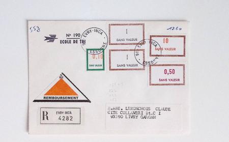 Bon lot de 86 plis ou devants de lettre avec timbres des cours d'instruction et timbres fictifs dont mandats-poste et mandats-cartes AFF Semeuses