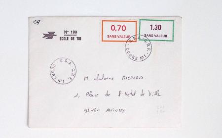 Bon lot de 86 plis ou devants de lettre avec timbres des cours d'instruction et timbres fictifs dont mandats-poste et mandats-cartes AFF Semeuses