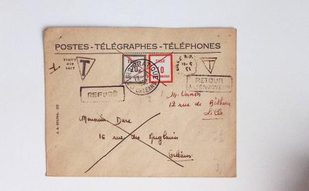 Bon lot de 86 plis ou devants de lettre avec timbres des cours d'instruction et timbres fictifs dont mandats-poste et mandats-cartes AFF Semeuses