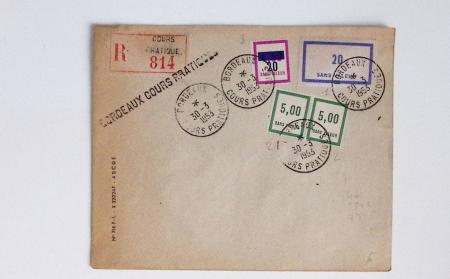 Bon lot de 86 plis ou devants de lettre avec timbres des cours d'instruction et timbres fictifs dont mandats-poste et mandats-cartes AFF Semeuses
