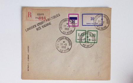 Bon lot de 86 plis ou devants de lettre avec timbres des cours d'instruction et timbres fictifs dont mandats-poste et mandats-cartes AFF Semeuses