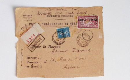 Bon lot de 86 plis ou devants de lettre avec timbres des cours d'instruction et timbres fictifs dont mandats-poste et mandats-cartes AFF Semeuses