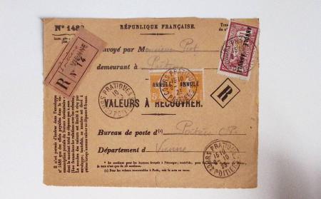 Bon lot de 86 plis ou devants de lettre avec timbres des cours d'instruction et timbres fictifs dont mandats-poste et mandats-cartes AFF Semeuses