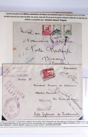 Classeur rouge contenant 93 lettres de la guerre d'Espagne provenant d'une collection primée en expo nationale dont censures et vignettes patriotiques