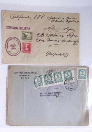 Classeur rouge contenant 93 lettres de la guerre d'Espagne provenant d'une collection primée en expo nationale dont censures et vignettes patriotiques